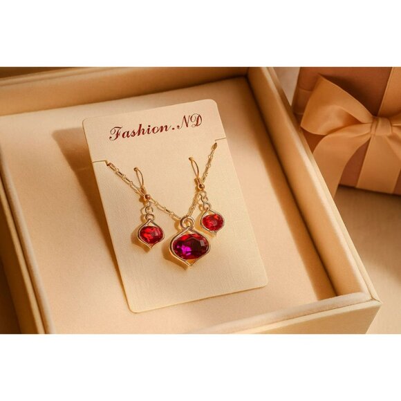 Red Gemstone Rose Gold Necklace & Earring Set - Picture 1 of 6